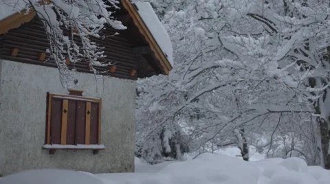 Mountain Hut Snowing Trees Static 4K Stock Footage 59774984