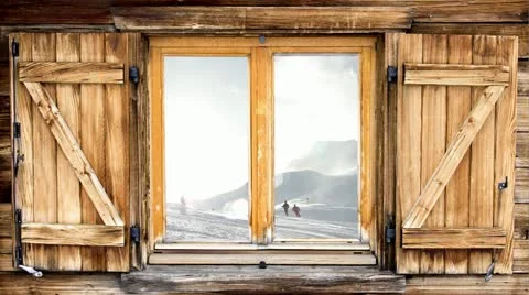 Mountain hut window skiing scene reflection Stock Footage 22247213