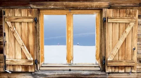 Mountain hut window skiing scene reflection Stock Footage 22247305