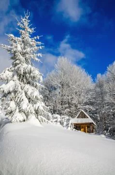Mountain hut in winter landscape woods Stock Photos