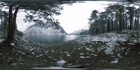 Mountain lake 360 vr at the winter time. Wild nature and mount valley. Green Stock Footage 125923708