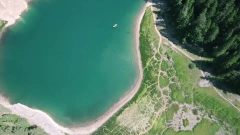 Mountain Lake and Beach in Beautiful Sunny Montenegro Aerial Drone Footage Stock Footage 201150456
