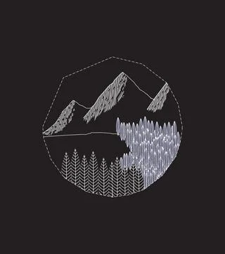 Mountain , lake and forest in irregular mono line art Stock Illustration