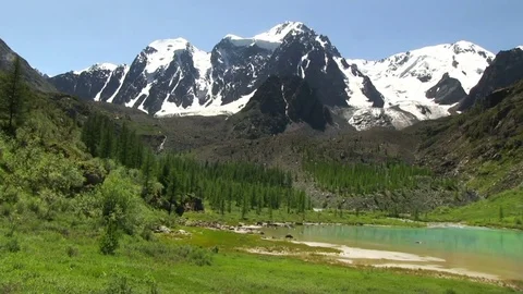 Mountain lake and high mountains covered by glaicer Stock Footage 80325174