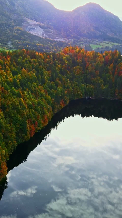 Mountain lake with autumn forest reflection vertical cinematic shot Video stock 330910297