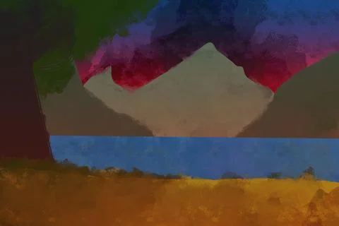 Mountain Lake Beneath Tree During Colorful Twilight Illustration Stock Illustration