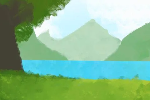 Mountain Lake Beneath Tree During Bright Day Illustration Stock Illustration