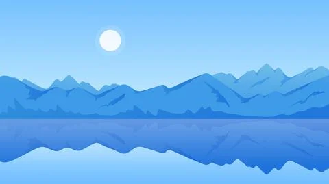 Mountain lake calm sunny landscape, fresh scenic blue water with reflection of Stock Illustration