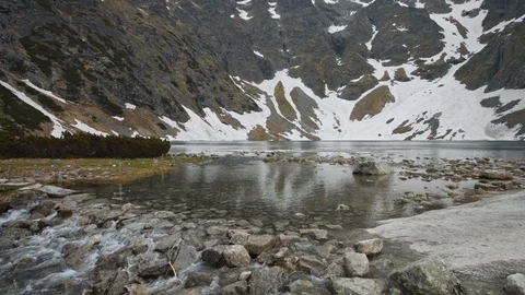 Mountain lake with cold crystal clear water and snowy cliffs on the background. Stock Footage 120159546