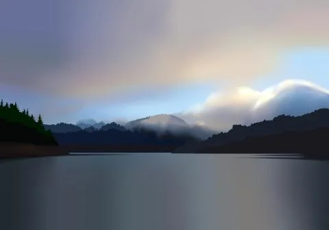 Mountain lake at dawn Stock Illustration