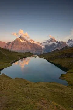 A mountain lake during a sunset 写真素材
