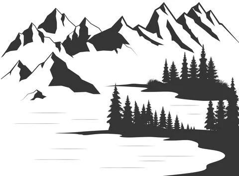 Mountain lake forest pine trees vector illustration Stock Illustration