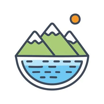 Mountain lake icon. Mountain range with snowy peaks reflected in a blue lak.. Stock Illustration