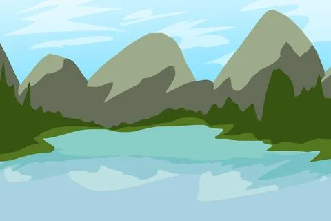 Mountain Lake Landscape During Bright Day Illustration Stock Illustration