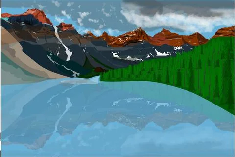 Mountain Lake Landscape with Pine Forest, and Rocky Peaks under Blue Sky Stockillustratie