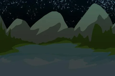 Mountain Lake Landscape Under Starry Night Illustration Stock Illustration