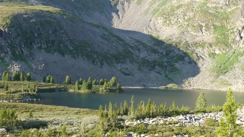 Mountain lake Manas. Static view to the lake and island with cedars. Altai. Video stock 84703364