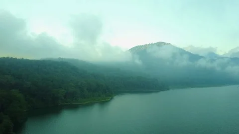 Mountain Lake Mountains and Clouds - Wide View - Bali Stock Footage 114032319