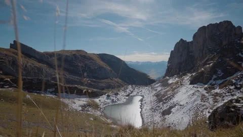Mountain Lake with snow and cloudy Sky Stock Footage 195287827