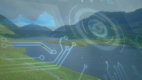 Mountain lake staying static while radar HUD sliding in and circuit lines Stock Footage 310864379