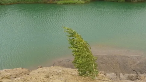 Mountain lake, strong wind makes waves. Video stock 77497764