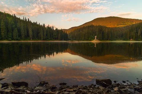Mountain lake surrounded by forest harmony of nature synevyr lake in carpathi Stock Photos