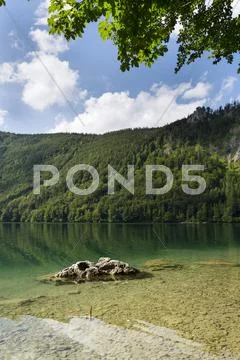 Mountain lake Vorderer Langbathsee in Salzkammergut, Upper Austria Stock Photos