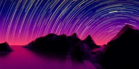 Mountain landscape with 80s styled synth wave polygonal grid and star trail over Stock Illustration