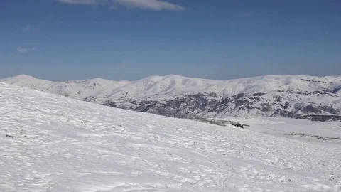 Mountain landscape and empty ski slope at sunny day, shooting from elevator Stockbeeldmateriaal 80520026