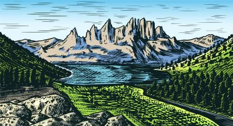 Mountain landscape background. Forest and Alpine peaks. Vintage Mount. Travel Illustrazione stock