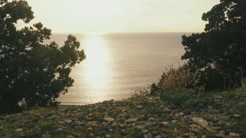 Mountain landscape on the background of the sea and sunset Stock Footage 81523022