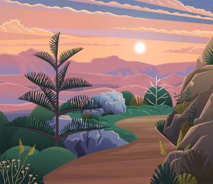 Mountain landscape background on sunset. Road in green valley, hills, clouds and Illustrazione stock