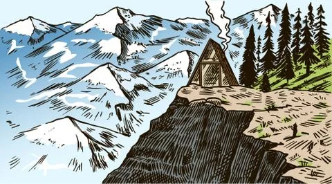 Mountain landscape background. Winter Alpine peaks and cabin. Vintage Mount and Stock Illustration
