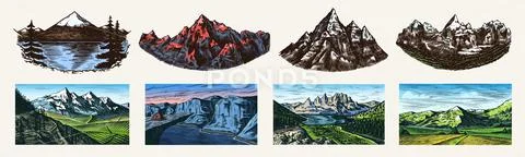 Mountain landscape backgrounds set. Alpine peaks. Vintage Mount. Travel concept Stock Illustrationen