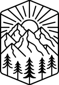 Mountain Landscape Badge with Pine Trees and Rising Sun Stock Illustration