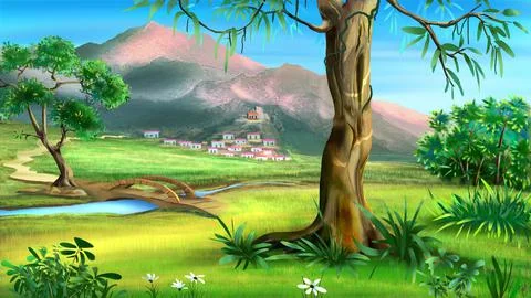 Mountain landscape with a bridge over a river Stock Illustration