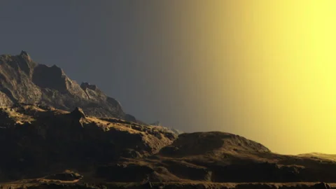 Mountain landscape with bright sunset over rocky terrain in the background Stock Footage 344098821