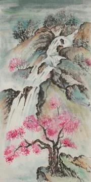 Mountain landscape with cherry blossoms Stock Illustration