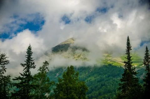Mountain landscape. deciduous forest. cloud on top. morning light Foto stock