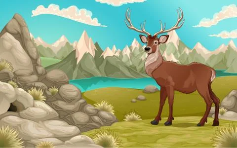 Mountain landscape with deer Stock Illustration