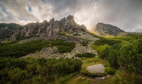 Mountain Landscape with Dramatic Glowing Sky. Mlynicka Valley, Slovakia. Stock Photos