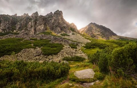 Mountain Landscape with Dramatic Glowing Sky. Mlynicka Valley, High Tatra, Sl Stock Photos