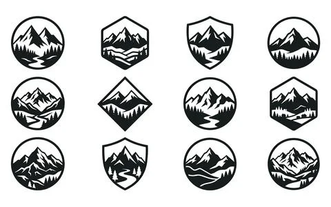 Mountain landscape emblem set with pine tree river peak wilderness adventure Ilustração Stock