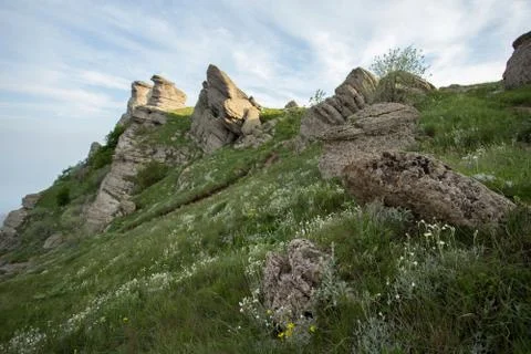 Mountain landscape, Ghost Valley, grass, rocks Stock Photos