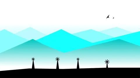 Mountain landscape with gradient blue peaks and silhouetted trees on a ligh.. Stock Illustration