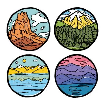 Mountain landscape icon set. Illustrazione stock