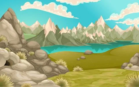 Mountain landscape with lake Stock Illustration