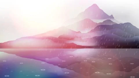 Mountain Landscape with Lake Reflection in Rain - Vector Illustration Illustrazione stock