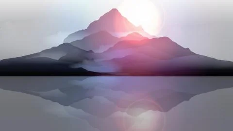 Mountain Landscape with Lake Reflection - Vector Illustration. Stock Illustration