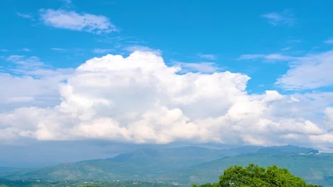 Mountain Landscape With Large White Clouds Drifting Across A Clear Blue Sky Stock Footage 342221545
